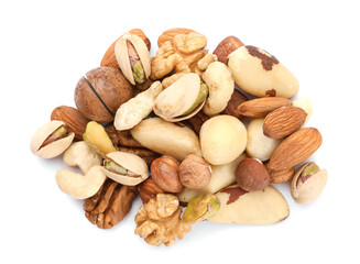 Mix of different nuts isolated on white, top view
