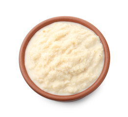 Tasty horseradish sauce in bowl isolated on white, top view