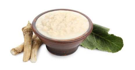 Tasty horseradish sauce in bowl, roots and leaf isolated on white