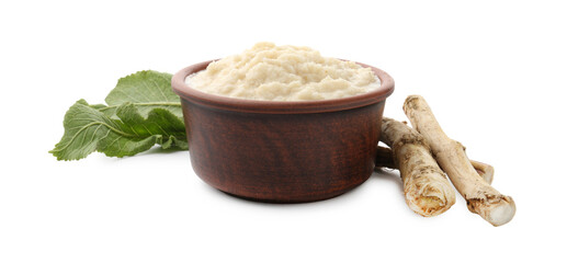 Tasty horseradish sauce in bowl, roots and leaves isolated on white