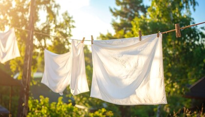 White clothes drying on a clothesline in a garden at sunset