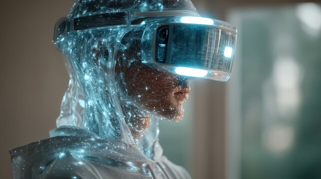 A person wearing a futuristic transparent suit and an illuminated VR headset, immersed in a high-tech virtual reality experience.