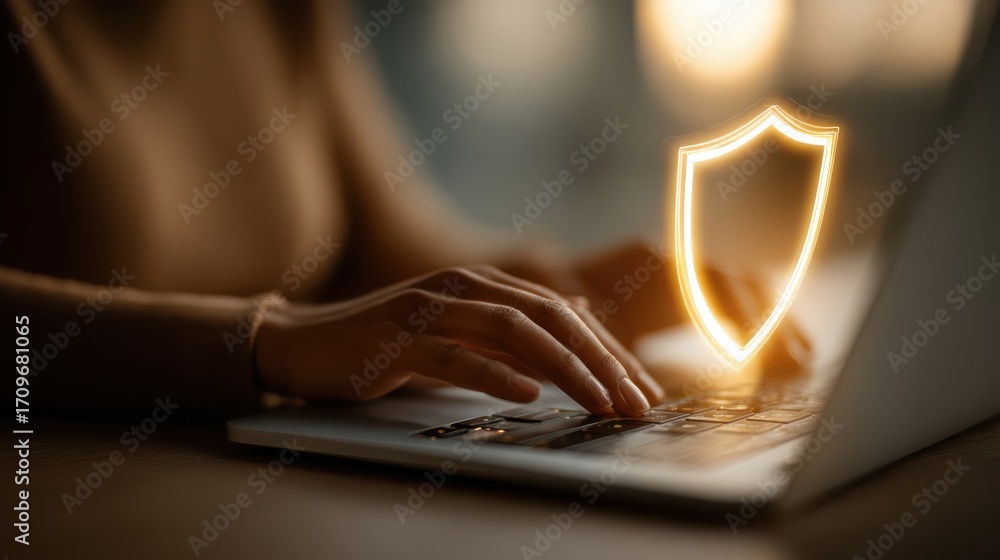 Poster a person types on a laptop keyboard with a glowing shield icon floating nearby, symbolizing cybersec