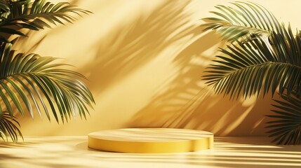 Fototapeta premium Elegant yellow podium bathed in warm sunlight with lush palm fronds casting dappled shadows perfect for product display and summer themes, Generative AI.