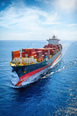 Front view of a large industrial container ship sailing over the ocean as a concept for cargo and shipping © moofushi