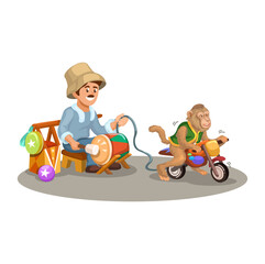 Topeng Monyet Aka Monkey Attraction Show from Indonesia Cartoon Illustration Vector