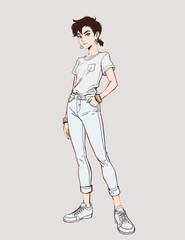 Fashionable young woman in a white dress and bag poses for a beauty shot