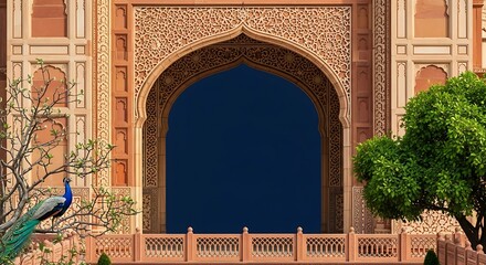 Intricate archway with a peacock in front of a deep blue sky, showcasing detailed carvings and greenery