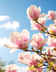 Blossoming magnolia flowers against a bright sky