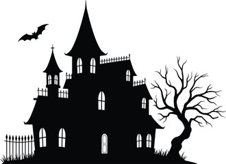 Spooky haunted house silhouette with twisted bare tree, flying bat, iron fence, eerie gothic mansion, Halloween night vector illustration