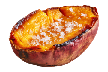 Baked and roasted sweet potato wedges topped with coarse salt and black pepper, isolated on white transparent background, concept of healthy homemade snack