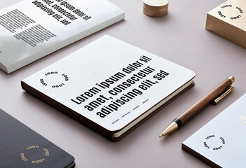 Stationery mockup notebook sticky notes and pen on a wooden surface