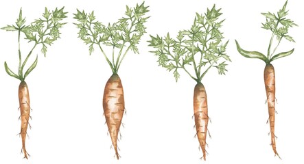 Watercolor Illustration Set of Carrots with Leaves, carrot plant clipart