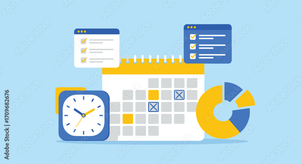 Poster digital calendar clock and pie chart representing business planning time management and scheduling