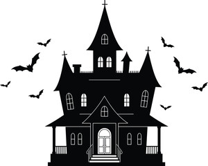 Obraz premium Spooky haunted house vector illustration with bats flying around, eerie windows, tall towers, creepy porch, and Halloween horror theme design.
