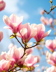 Blossoming magnolia flowers against a vibrant blue sky