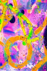 Vibrant neon graffiti texture in pink, green, orange with cracked paint effect. Funky 80s, acid style adds dynamic feel. Posters, urban art, digital backgrounds, modern 90s visuals.