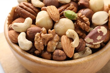 Mix of different nuts in bowl on table, closeup