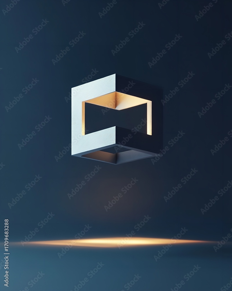 Aufkleber abstract geometric cube structure glowing with warm interior light against a dark blue gradient back