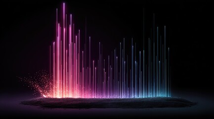 Abstract digital art; vibrant vertical columns of glowing light, radiating from a dark base