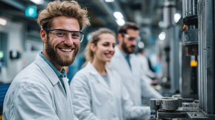 Three smiling scientists in white lab coats working together in a modern laboratory with industrial equipment.