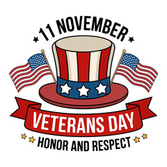 11 november veterans day badge, patriotic cylinder hat, flags, stars ribbon, honor and respect theme, vector illustration