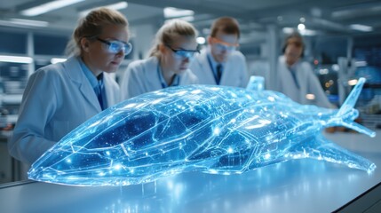 Scientists in lab coats analyze a futuristic digital model of an airplane using augmented reality and holographic technology in a high-tech laboratory.