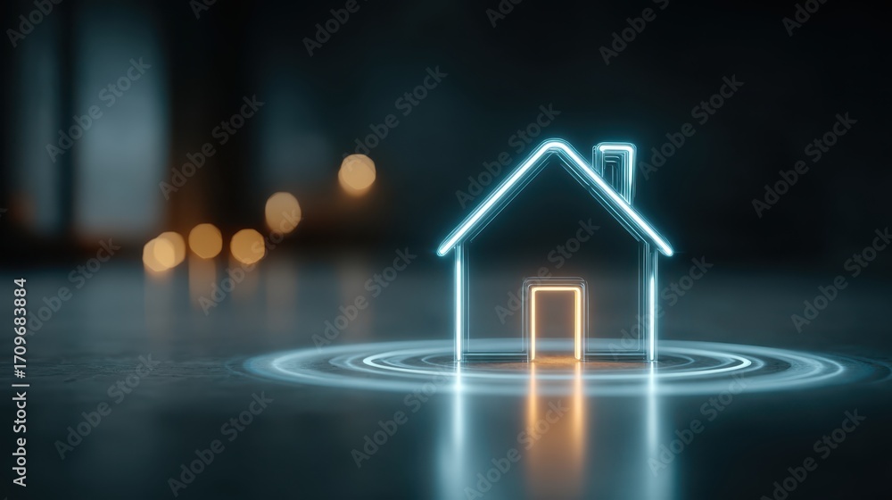 Poster a glowing neon house icon stands on a reflective surface with circular light patterns and blurred bo
