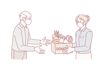 Charity and donating food concept. Young woman volunteer in medical protective mask giving Box with donation word full of products food for elderly man vector illustration