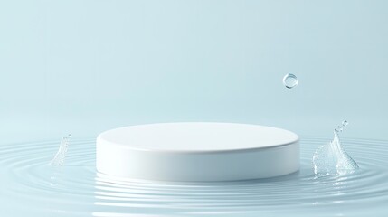 Elegant white podium on serene water ripples with dynamic splashes perfect for showcasing luxury skincare and beauty products, Generative AI.