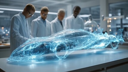 Engineers examine a futuristic holographic car model in a high-tech laboratory setting.