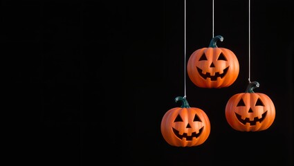 Hanging Orange Halloween Pumpkins with Glowing Faces on black Background