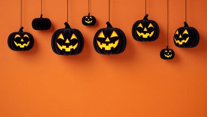 Hanging Velvet Black Halloween Pumpkins with Glowing Faces on Orange Background