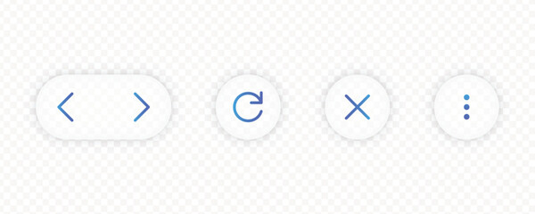 A set of user interface navigation elements featuring a glass morph effect. Includes arrow buttons, refresh icon, close icon, and more options icon. Clean and modern design.