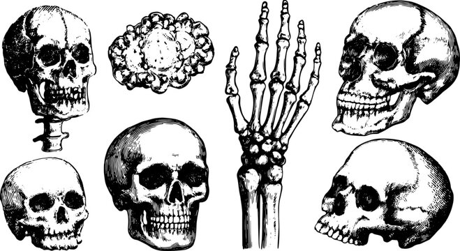Naklejki Vintage skull and skeleton drawings in black and white. Detailed illustrations showcasing anatomy in a classic style. Vector set for medical use.