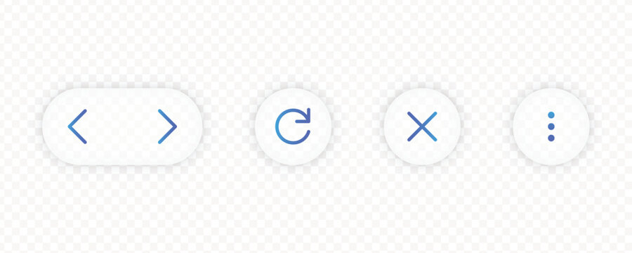 A set of user interface navigation elements featuring a glass morph effect. Includes arrow buttons, refresh icon, close icon, and more options icon. Clean and modern design.