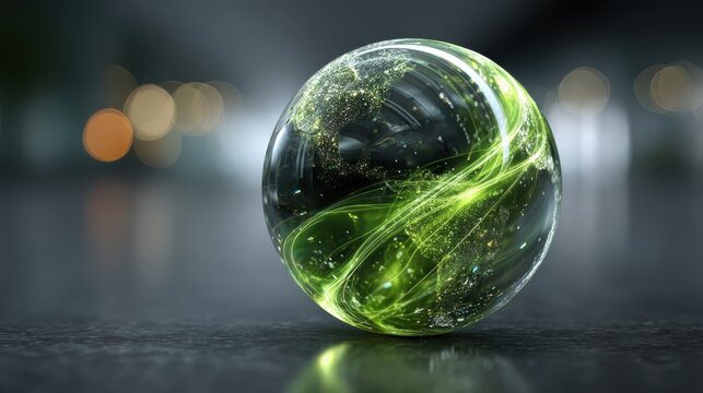 A glowing glass sphere with green light trails and a reflective surface rests on a dark surface, illuminated by soft, blurred lights in the background. - Powered by Adobe