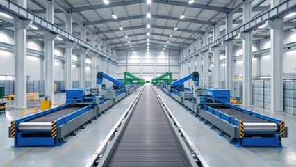 Obraz premium A spacious industrial facility with conveyor belts and robotic machinery, designed for efficient transport and processing of goods.