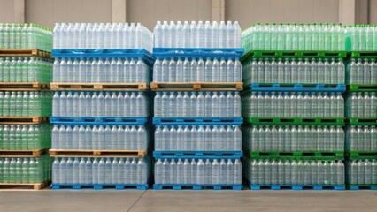 Stacks of bottled water on pallets in a warehouse setting, showcasing organized, commercial storage solutions.