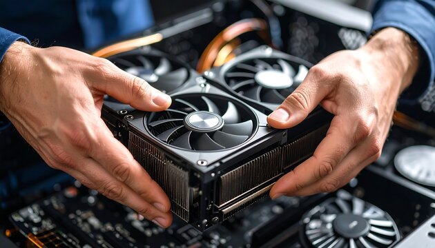 Tech Expert Installing Graphics Card into PC with Building Computer System Close Up. - Powered by Adobe