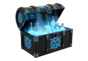 An open mystical chest, filled with glowing blue potions and ancient symbols, illuminates the dark background.