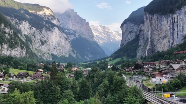 Lauterbrunnen valley showing staubbach falls and lush green scenery