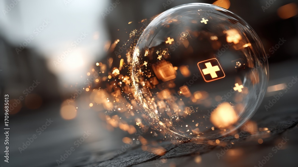 Fototapete a transparent sphere with glowing plus symbols floats above a textured surface, surrounded by dynami