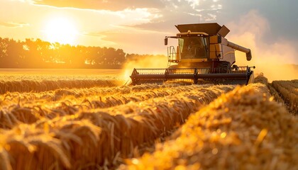 Fototapeta premium Golden sunset harvest scene