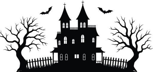 Spooky haunted house with bats, creepy trees, and broken fence silhouette illustration perfect for Halloween night party or horror themes.