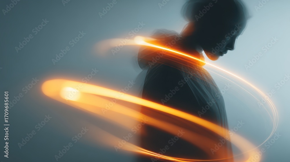 Poster a silhouette of a person surrounded by glowing orange light trails, creating a dynamic and futuristi