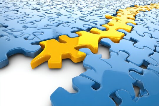 A path of yellow puzzle pieces through a field of blue pieces