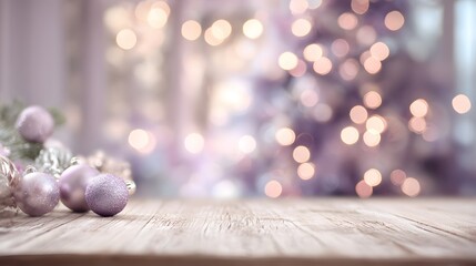 Soft lavender Christmas ornaments rest on a rustic wooden table with sparkling blurred lights in the festive background.