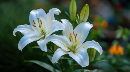 Obraz premium Elegant white lilies set against a rich dark green backdrop for a striking contrast