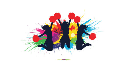 Dynamic silhouettes of cheerleaders jumping energetically with colorful paint splashes in the background.